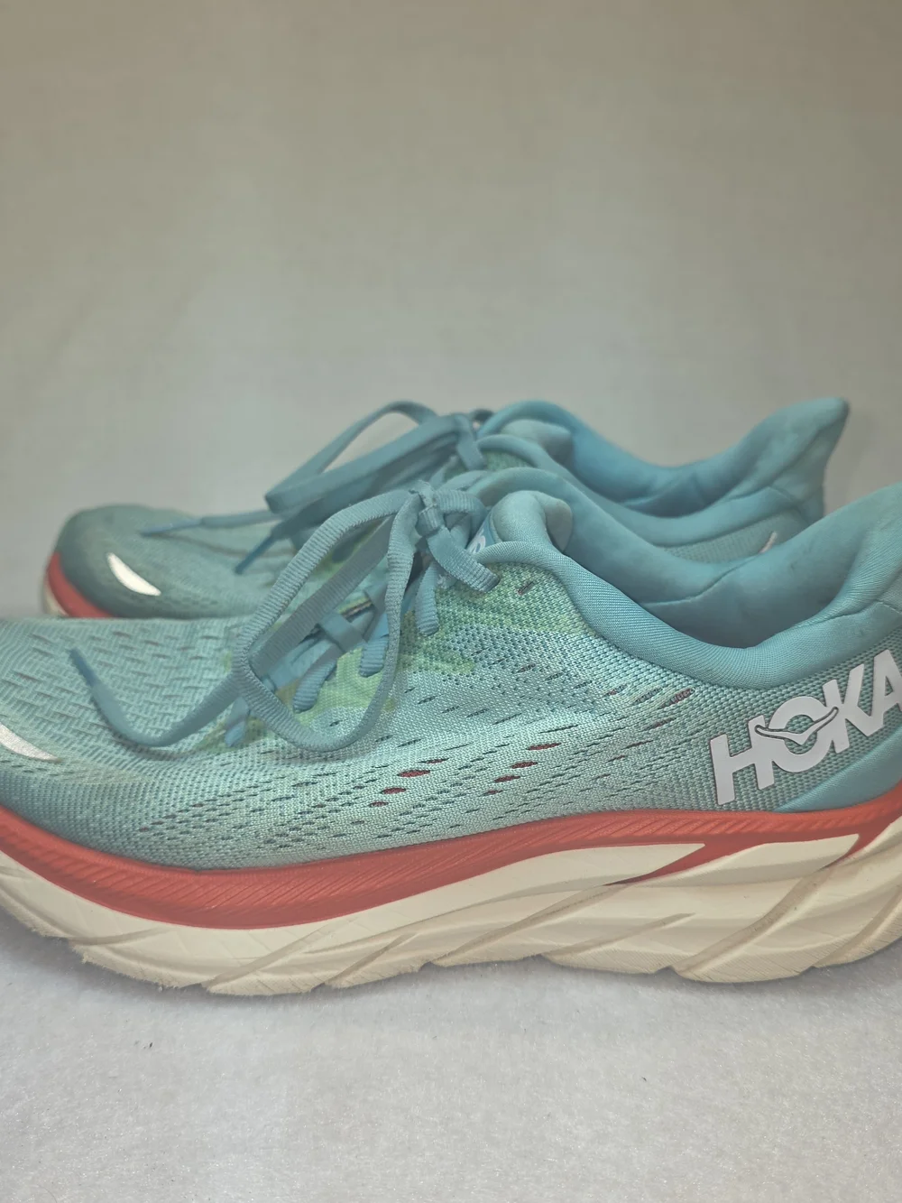 Hoka Clifton Teal Blue Running Shoes with Coral Accent size 7D
